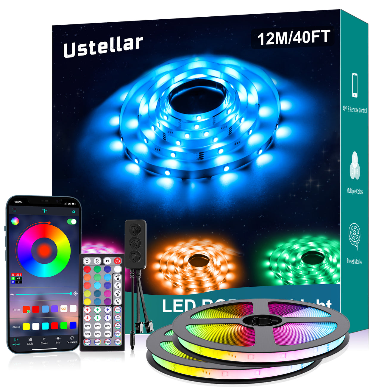 Ustellar 12M Bluetooth + IR Remote RGB Smart Strip Lights (US)